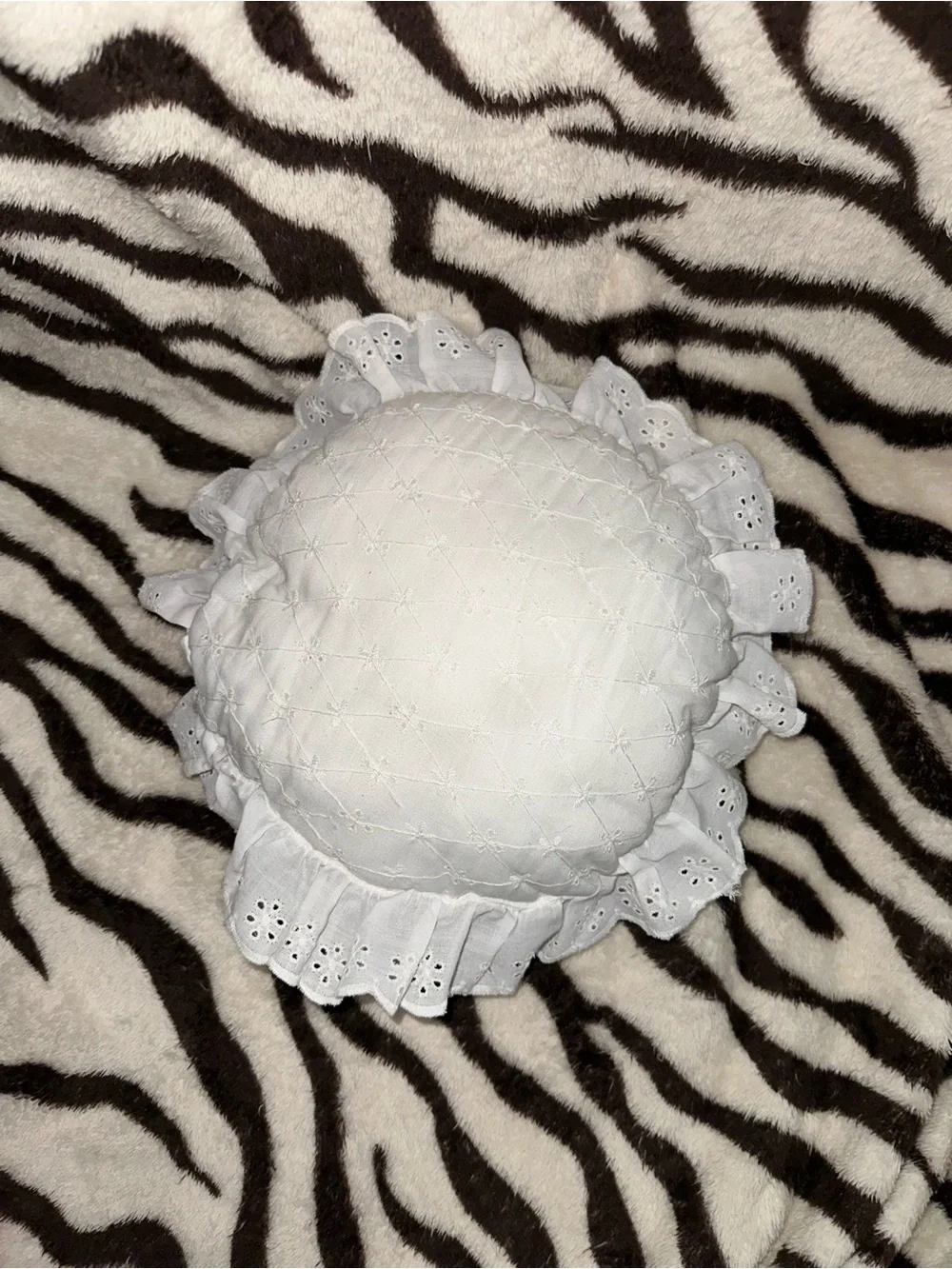 Round White Eyelet Ruffle Accent Pillow by